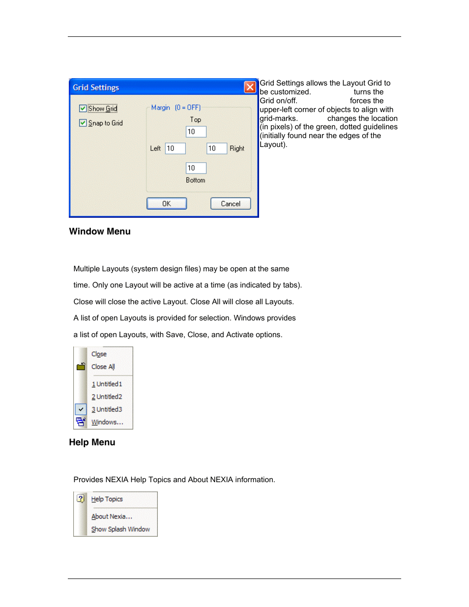 Grid settings, Window menu, Help menu | Window, Help, Grid, On" for ne | Biamp A4 User Manual | Page 83 / 217
