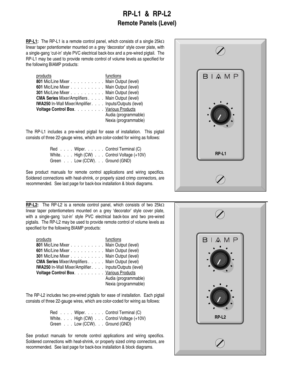Rp-l1 & rp-l2, Remote panels (level) | Biamp RP-S4 User Manual | Page 2 / 5