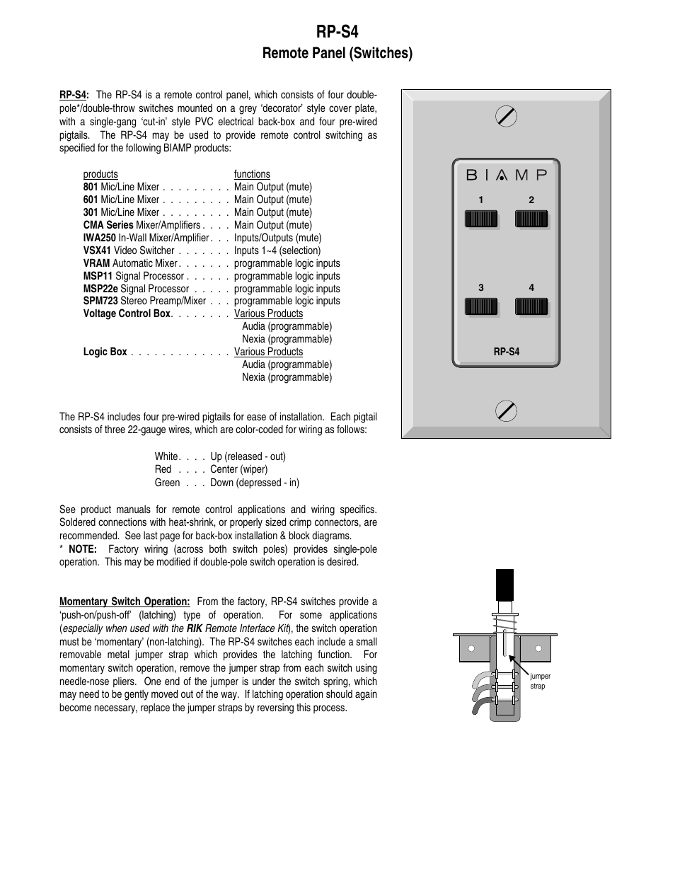 Rp-s4, Remote panel (switches) | Biamp RP-S4 User Manual | Page 3 / 5