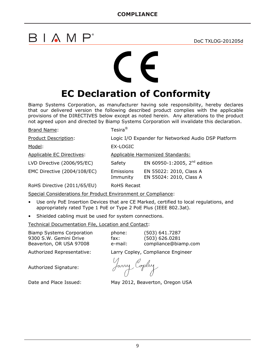 Ec declaration of conformity | Biamp EX-LOGIC User Manual | Page 9 / 10