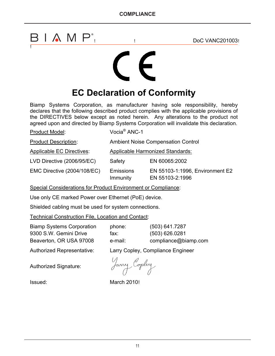 Ec declaration of conformity | Biamp ANC-1 User Manual | Page 11 / 12