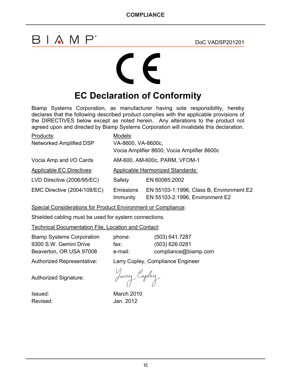 Ec declaration of conformity | Biamp VA-8600c User Manual | Page 16 / 17