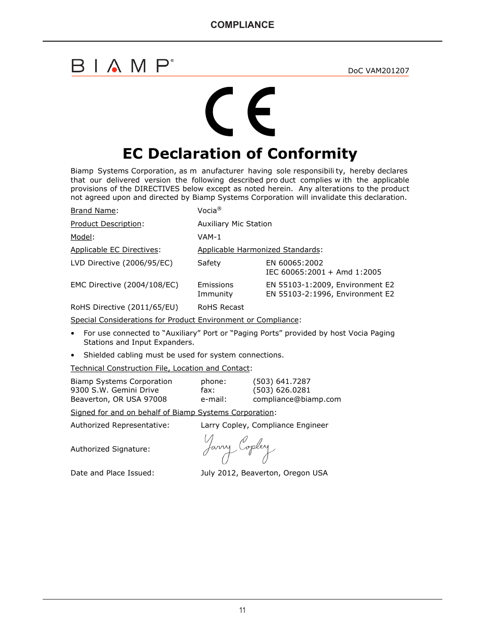 Ec declaration of conformity, Compliance | Biamp VAM-1 User Manual | Page 11 / 12