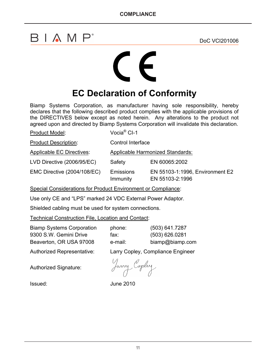 Ec declaration of conformity | Biamp CI-1 User Manual | Page 11 / 12
