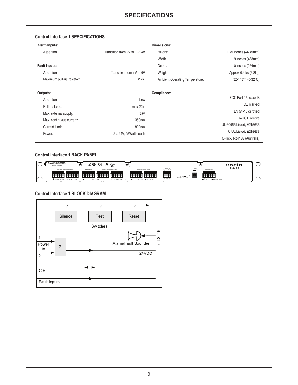 Specifications | Biamp CI-1 User Manual | Page 9 / 12