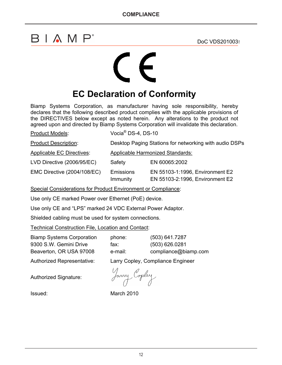 Ec declaration of conformity | Biamp DS-10 User Manual | Page 12 / 13