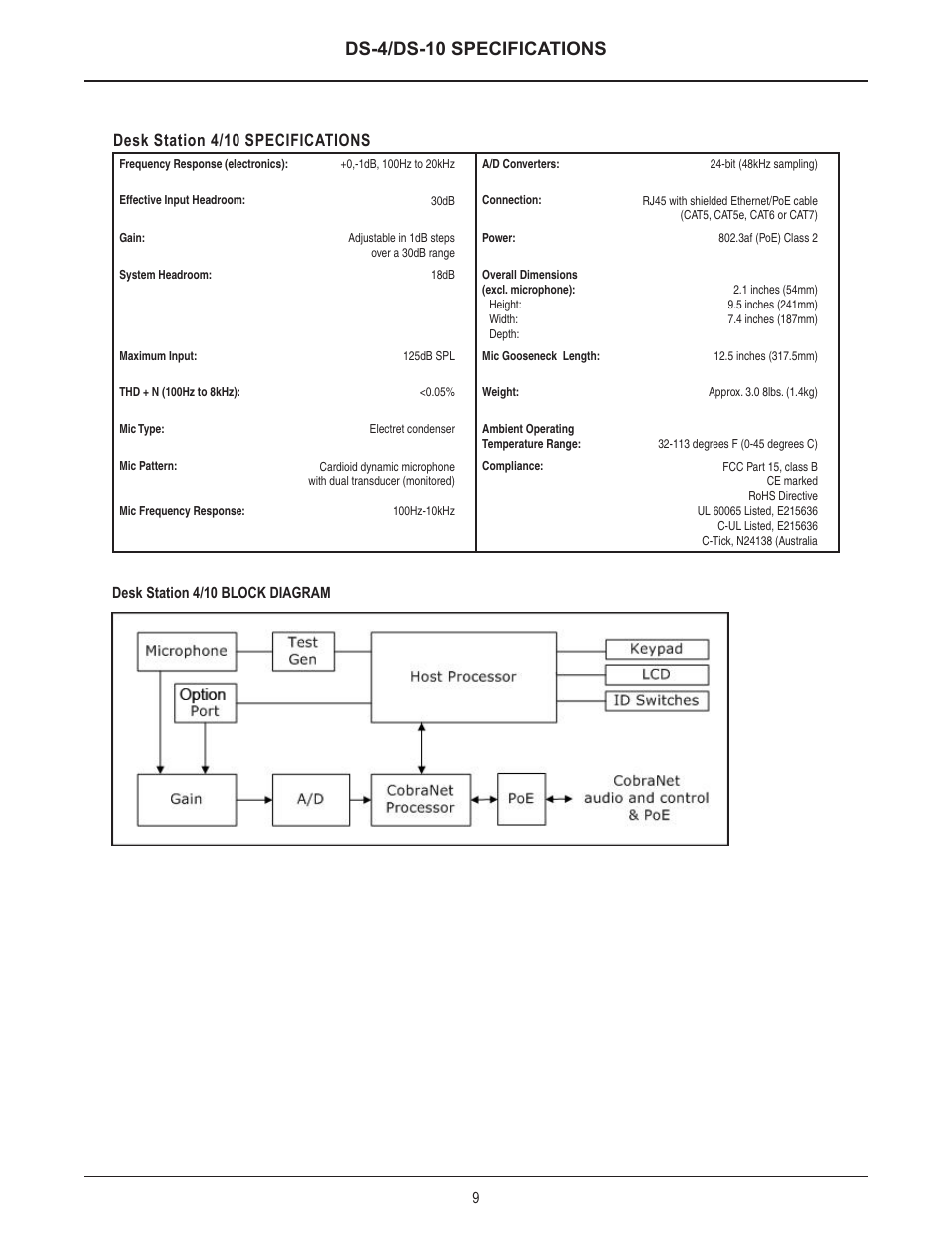 Ds-4/ds-10 specifications, Desk station 4/10 specifications | Biamp DS-10 User Manual | Page 9 / 13