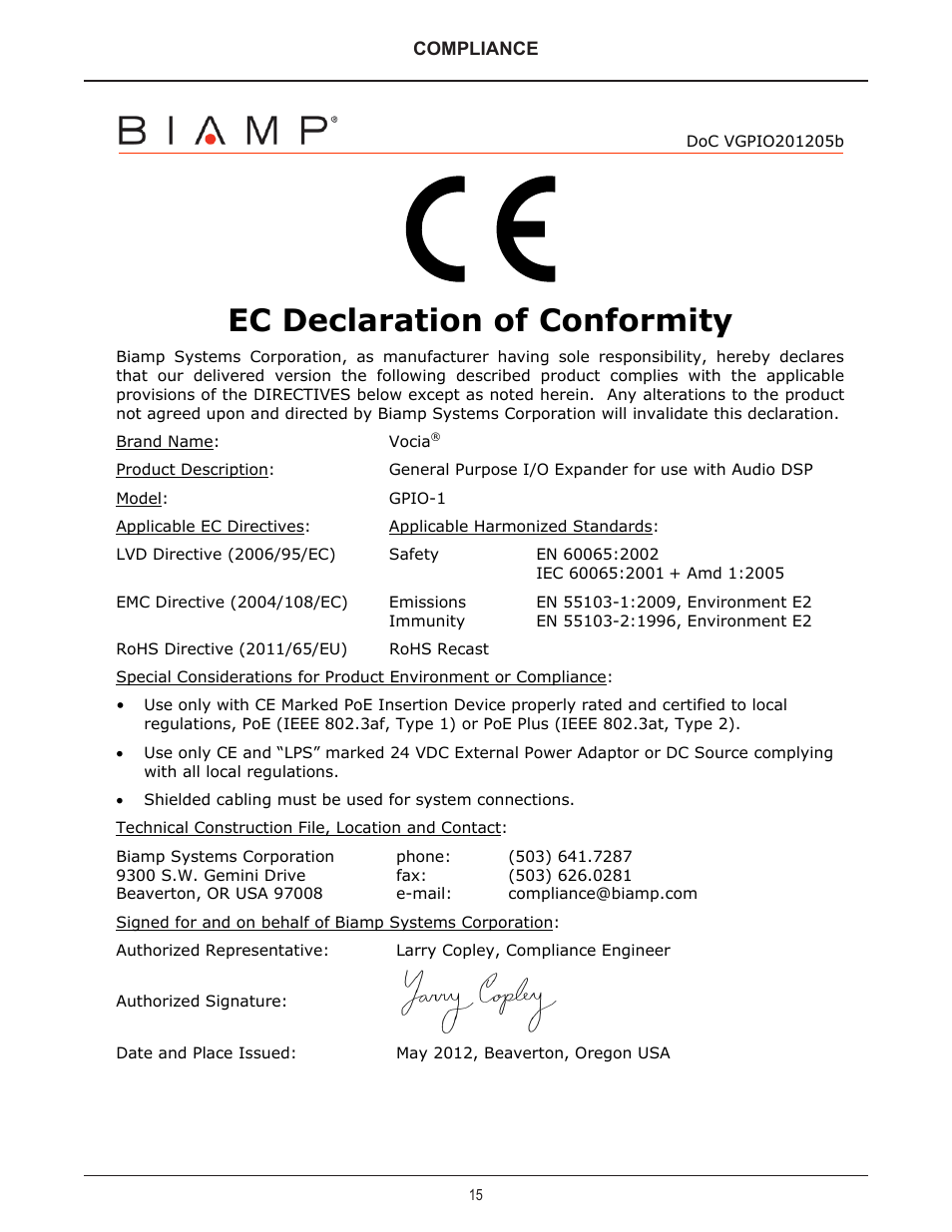 Ec declaration of conformity | Biamp GPIO-1 User Manual | Page 15 / 16