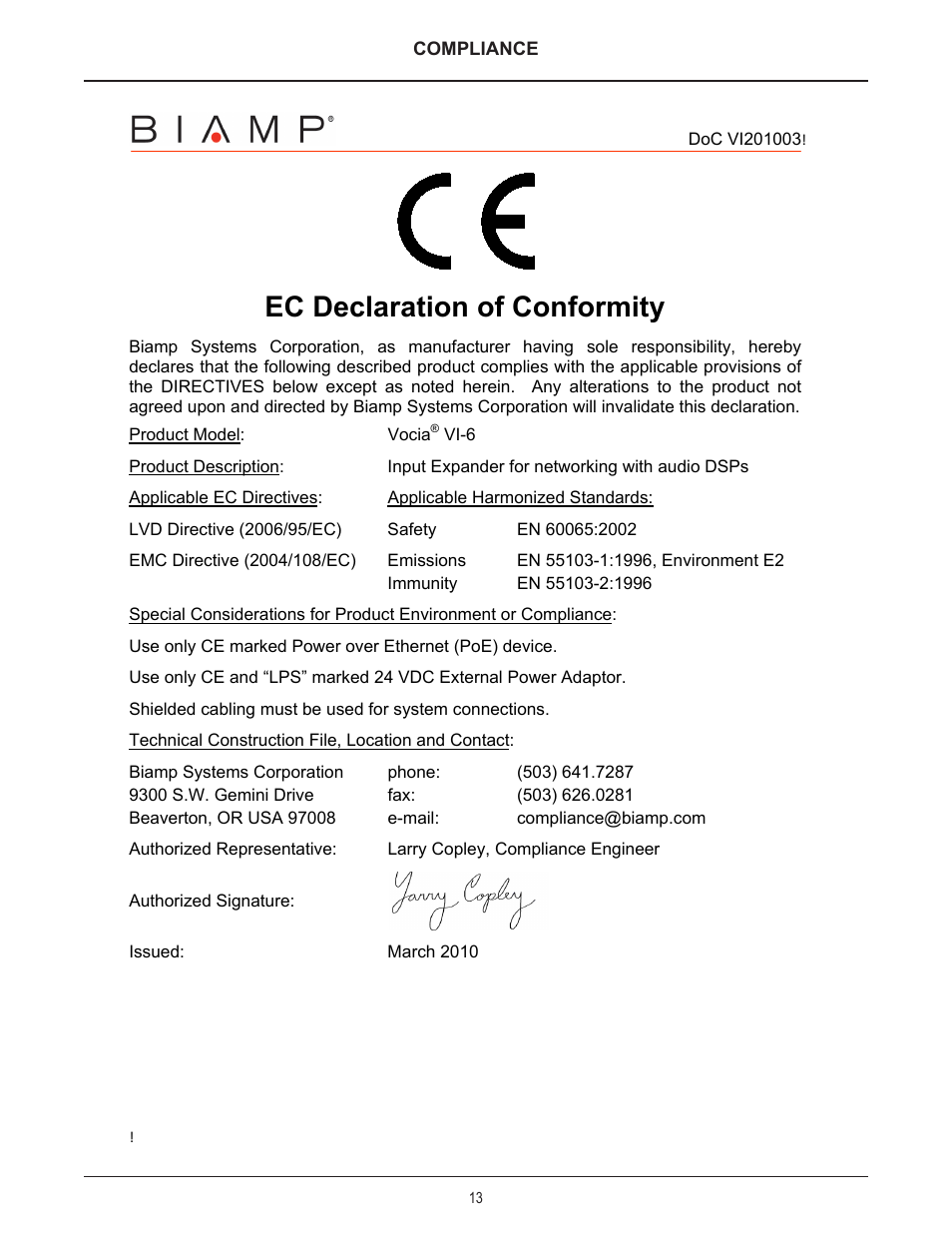 Ec declaration of conformity | Biamp VI-6 User Manual | Page 13 / 14