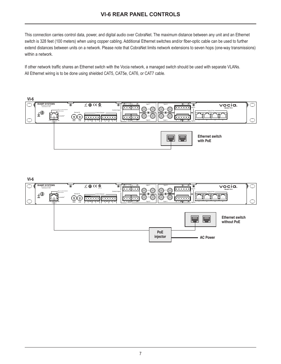 Vi-6 rear panel controls, Vi-6, Ethernet switch with poe | Ethernet switch without poe ac power poe injector | Biamp VI-6 User Manual | Page 7 / 14