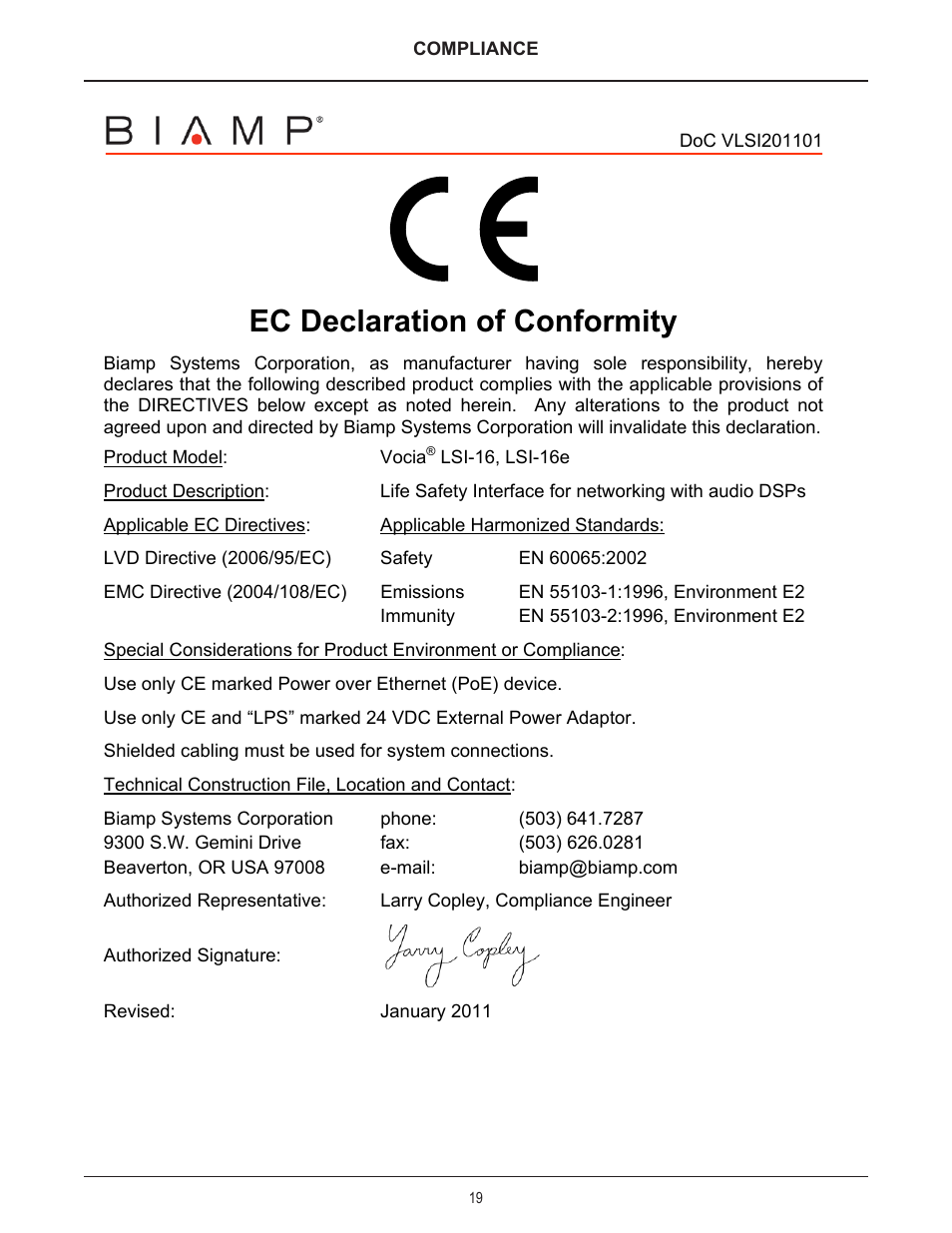 Ec declaration of conformity | Biamp LSI-16e User Manual | Page 19 / 20