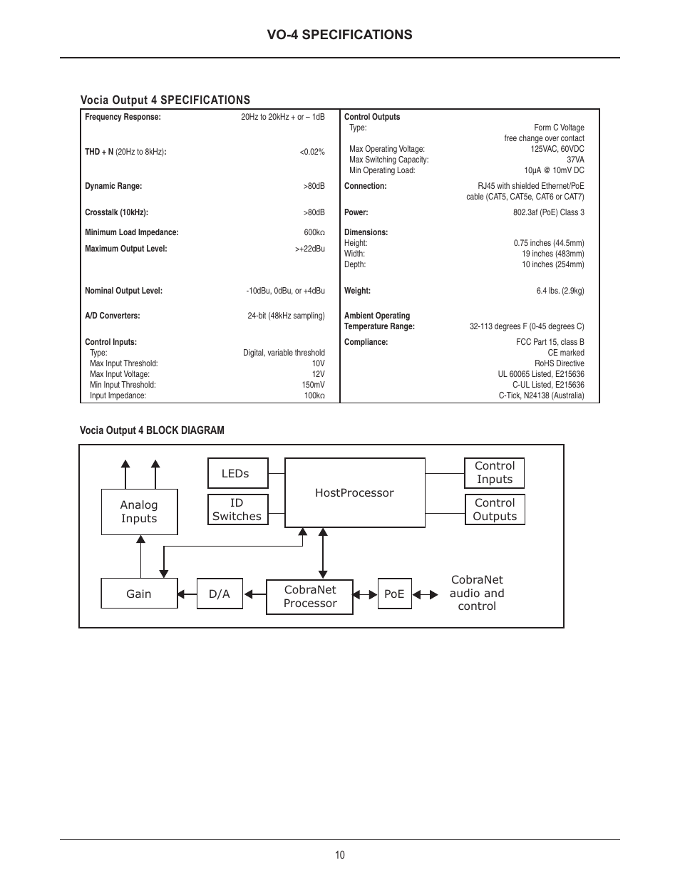 Vo-4 specifications, Vocia output 4 specifications | Biamp VO-4 User Manual | Page 10 / 14