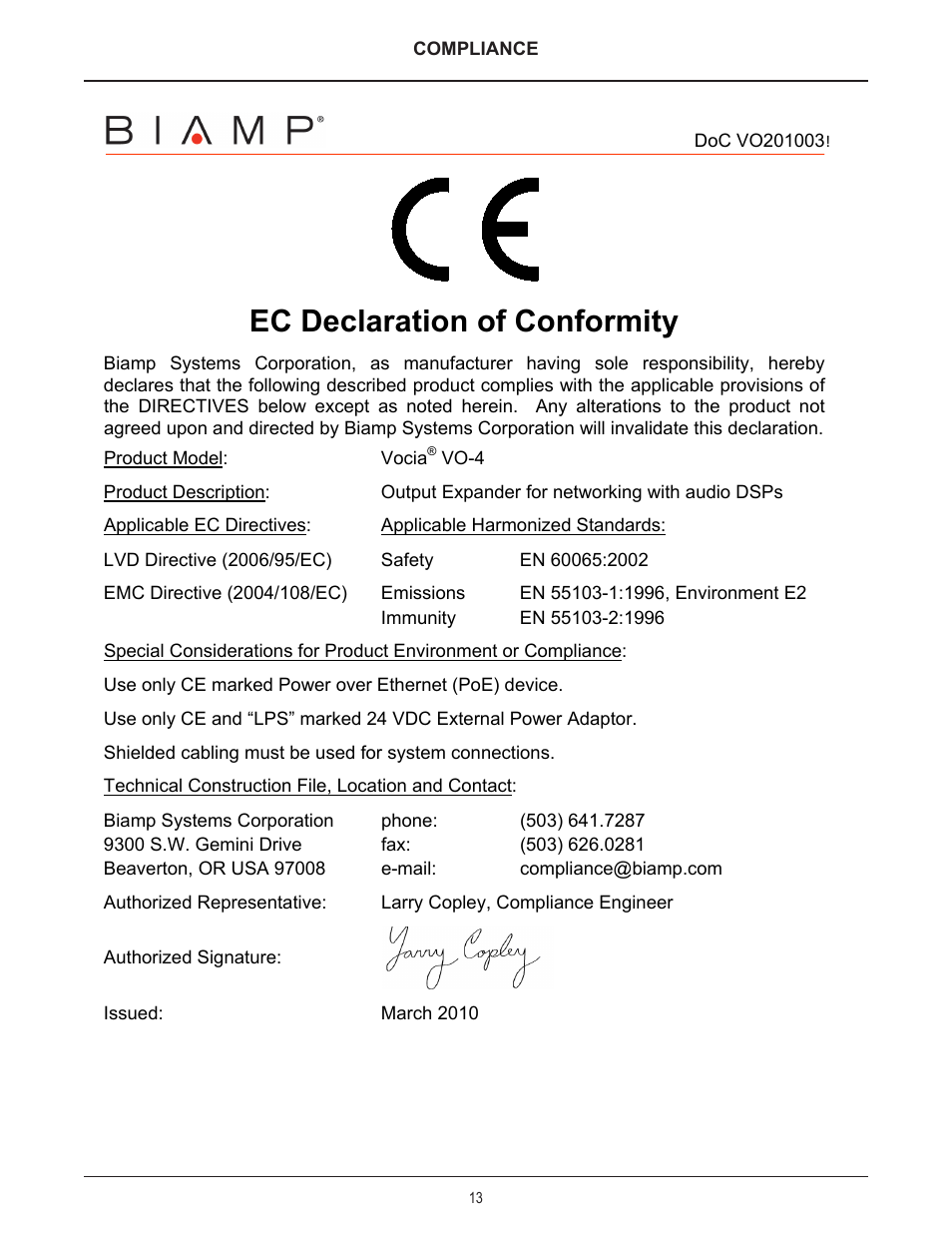 Ec declaration of conformity | Biamp VO-4 User Manual | Page 13 / 14