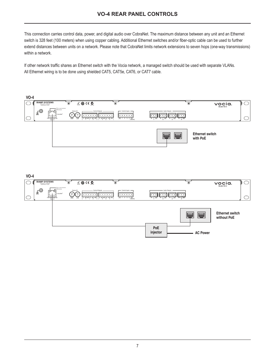 Vo-4 rear panel controls, Vo-4, Ethernet switch with poe | Ethernet switch without poe, Ac power poe injector | Biamp VO-4 User Manual | Page 7 / 14