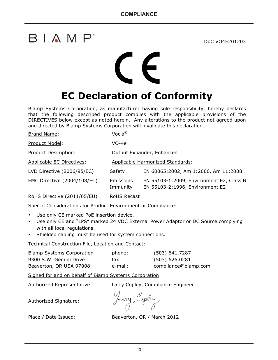 Ec declaration of conformity | Biamp VO-4e User Manual | Page 13 / 14