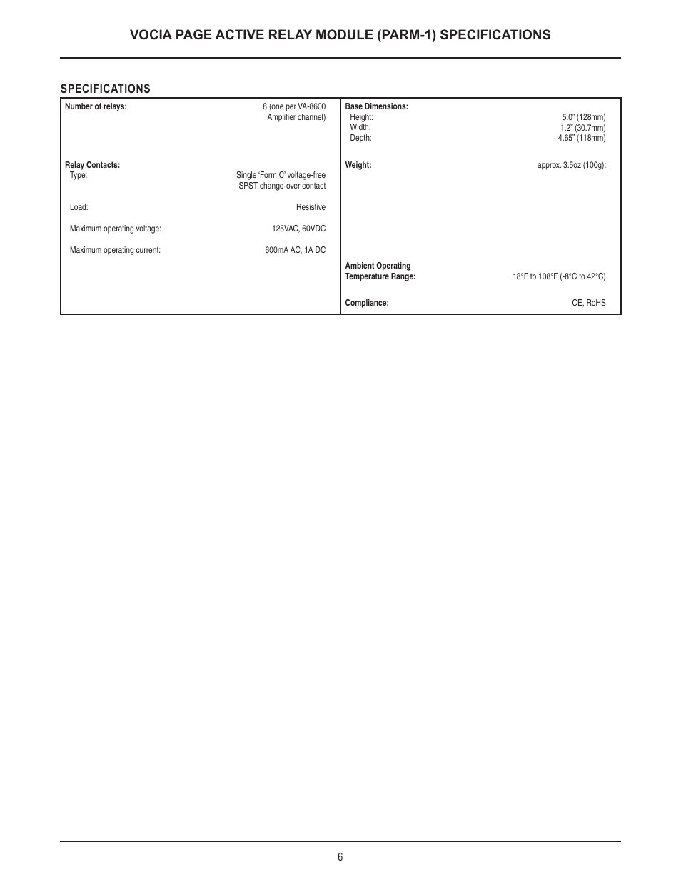 Specifications | Biamp PARM-1 User Manual | Page 6 / 7