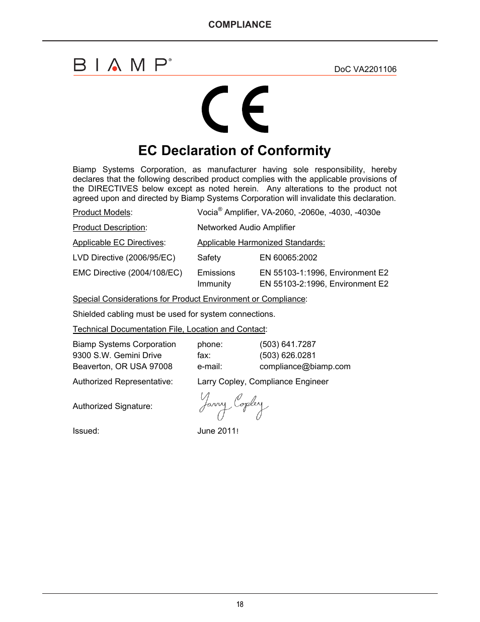 Ec declaration of conformity | Biamp VA-4030e User Manual | Page 19 / 20