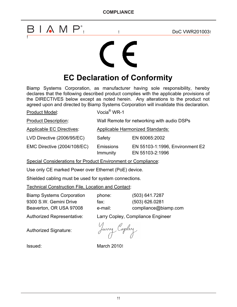 Ec declaration of conformity | Biamp WR-1 User Manual | Page 11 / 12