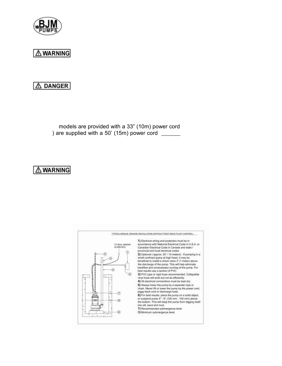 Pump operation, Typical manual dewatering-effluent installation | BJM Pumps JX SERIES SIDE DISCHARGE Electric Submersible Pumps User Manual | Page 10 / 42