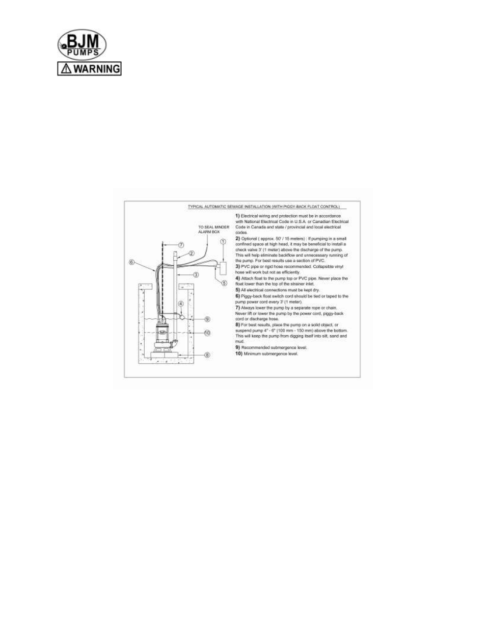 Typical automatic dewatering-effluent installation | BJM Pumps JX SERIES SIDE DISCHARGE Electric Submersible Pumps User Manual | Page 11 / 42