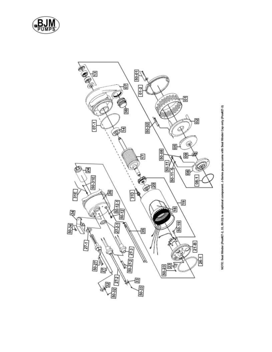 Exploded view of j750, j1500, j1500h | BJM Pumps JX SERIES SIDE DISCHARGE Electric Submersible Pumps User Manual | Page 18 / 42