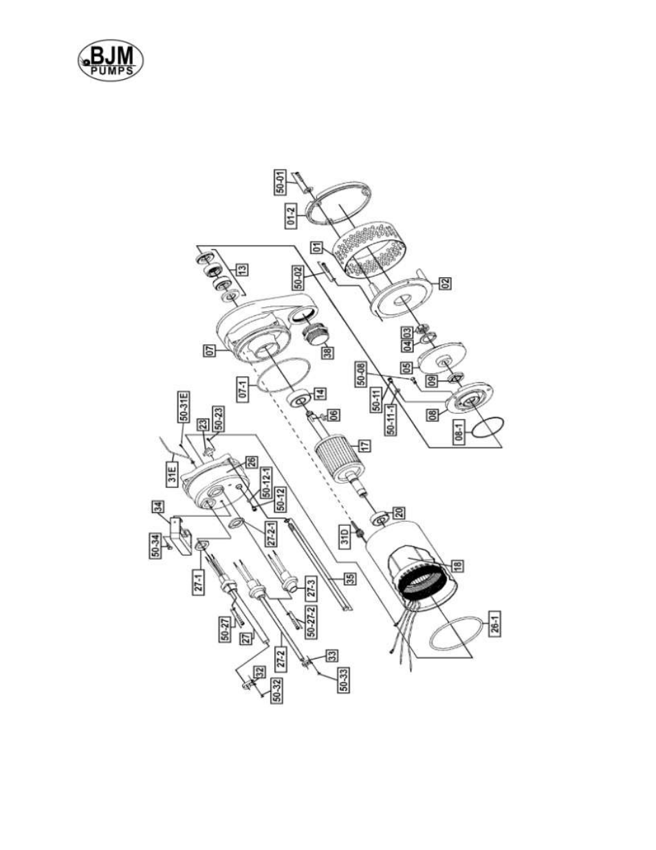 Exploded view of j08, j15, j15h | BJM Pumps JX SERIES SIDE DISCHARGE Electric Submersible Pumps User Manual | Page 19 / 42