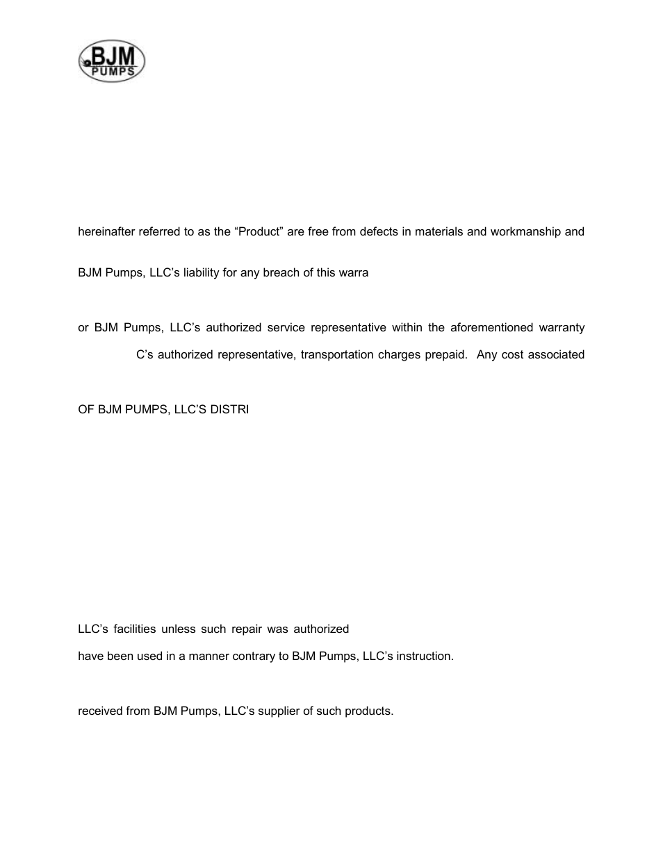 Warranty and limitation of liability | BJM Pumps JX SERIES SIDE DISCHARGE Electric Submersible Pumps User Manual | Page 37 / 42