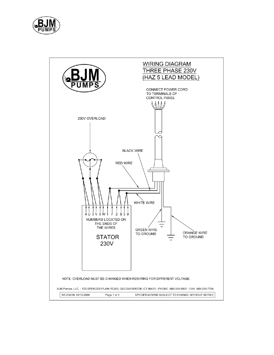 Three phase wiring diagrams, 230v (5 lead), Models haz37, 55, 55ch, 75 | BJM Pumps HAZ75-575T User Manual | Page 20 / 27