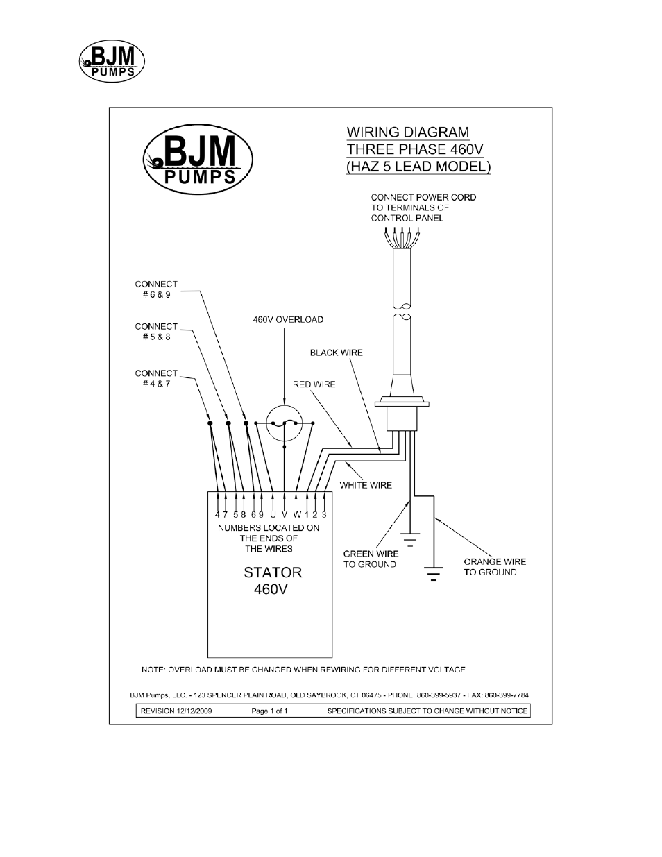 460v (5 lead), Models haz37, 55, 55ch, 75 | BJM Pumps HAZ75-575T User Manual | Page 21 / 27