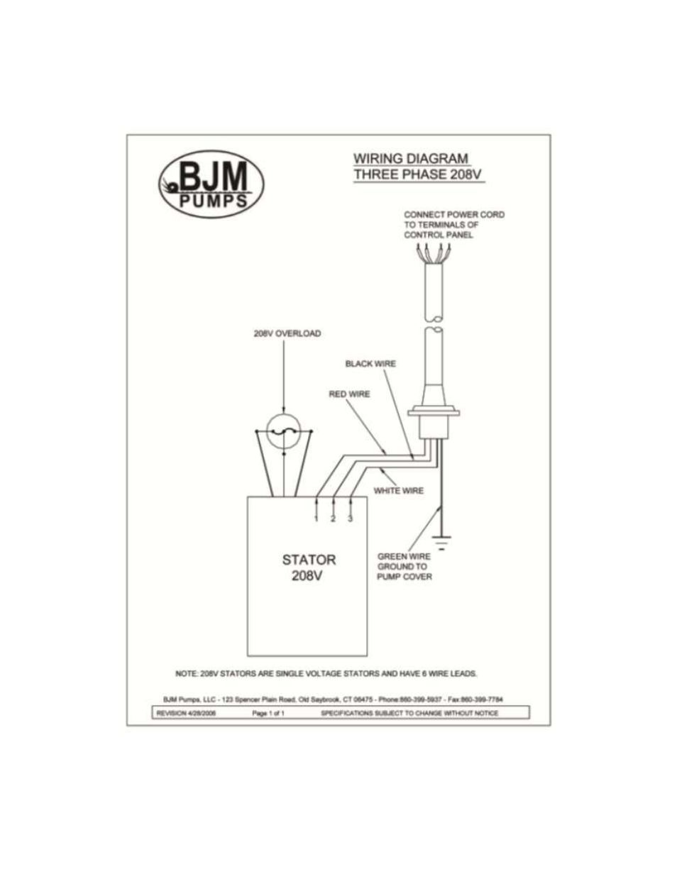 Three phase wiring diagrams, 208v | BJM Pumps SX75CSS-575T User Manual | Page 26 / 37