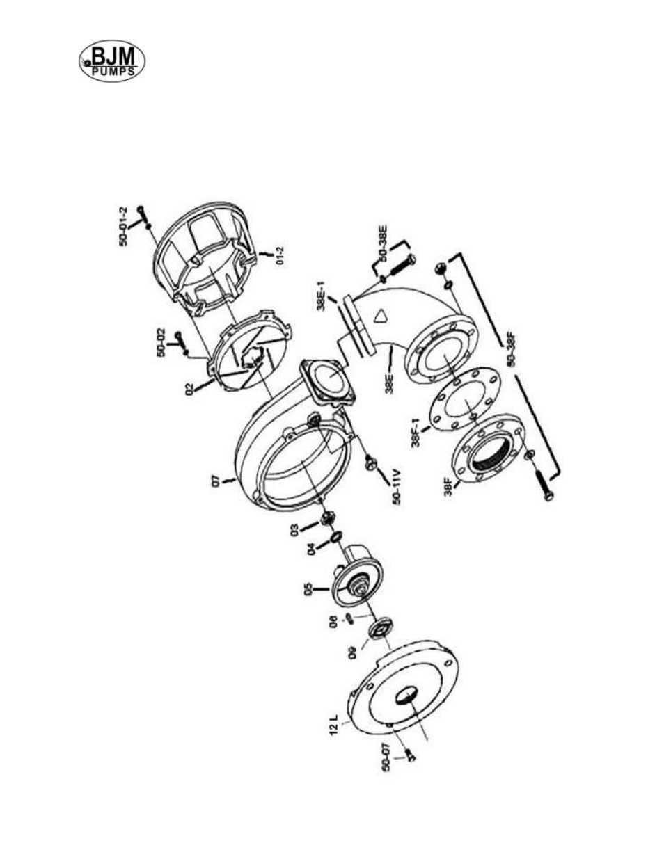 Exploded view of xp-sk55c, xp-sk75c, Bjm wet end assembly for eim fm motor | BJM Pumps XP-SK150C-575T User Manual | Page 13 / 43