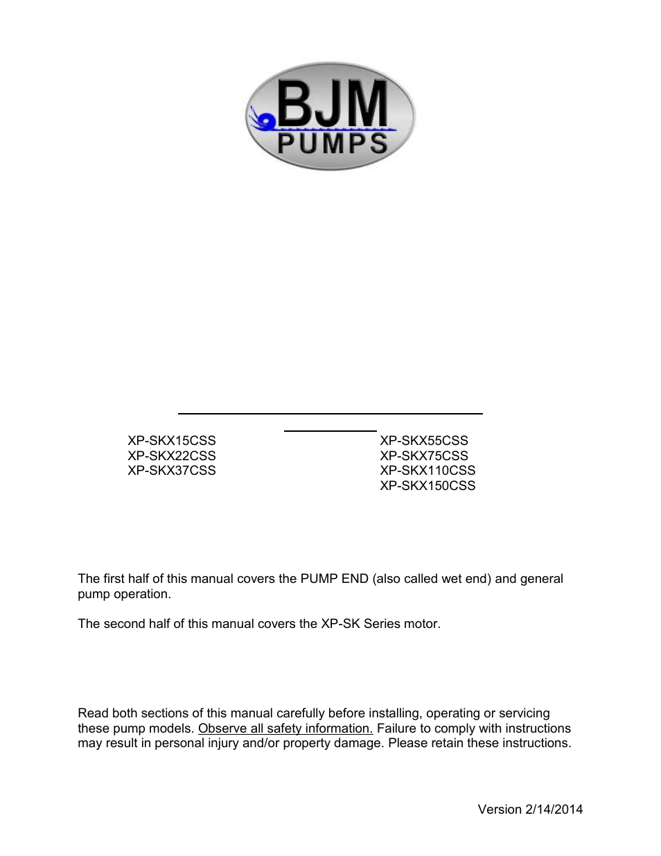 BJM Pumps XP-SKX150CSS User Manual | 42 pages