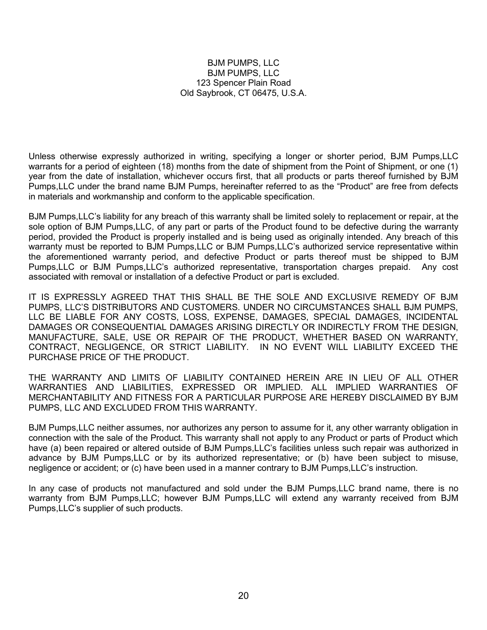 Warranty and limitation of liability | BJM Pumps XP-SKX150CSS User Manual | Page 20 / 42