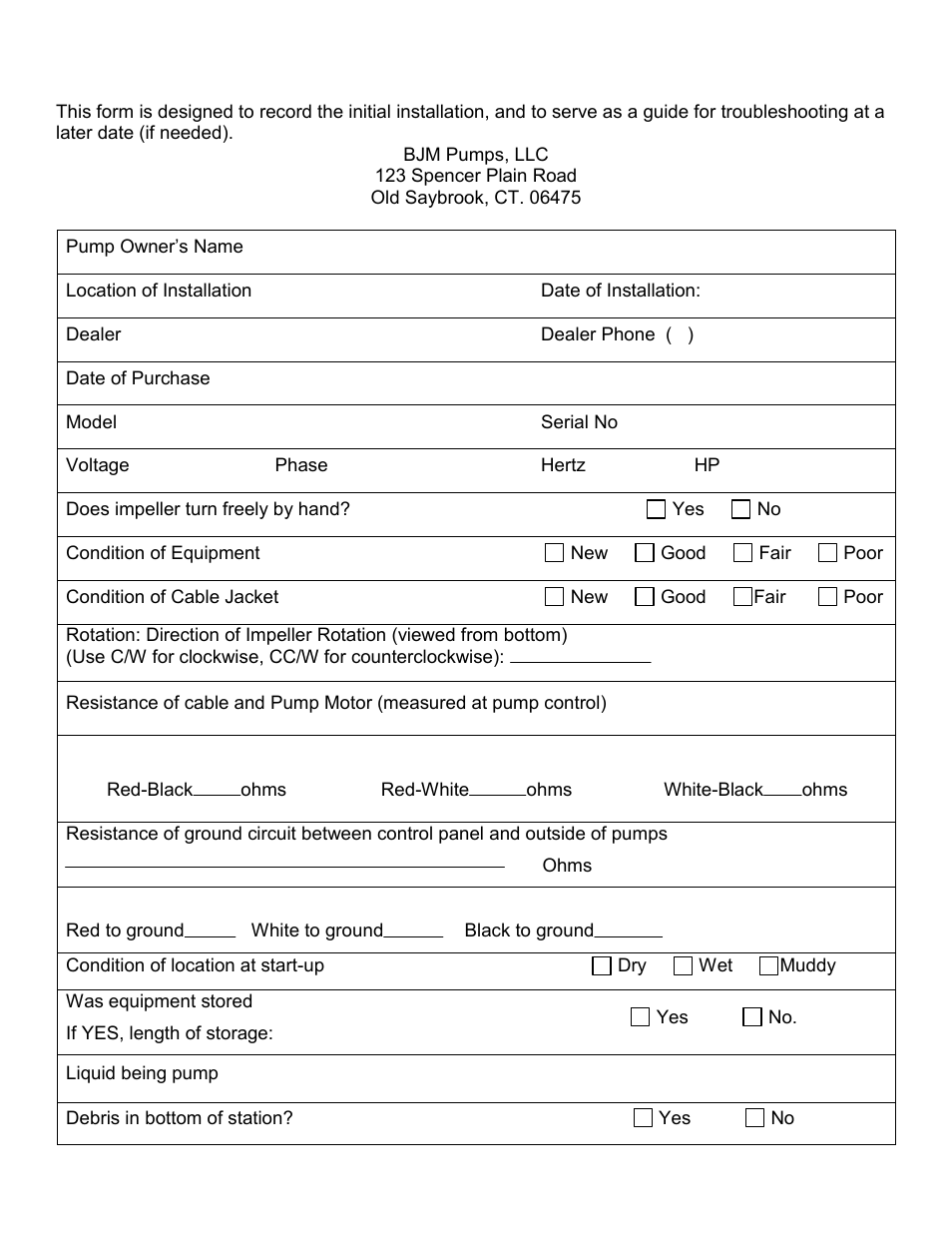 Start-up report form | BJM Pumps XP-SKX150CSS User Manual | Page 21 / 42