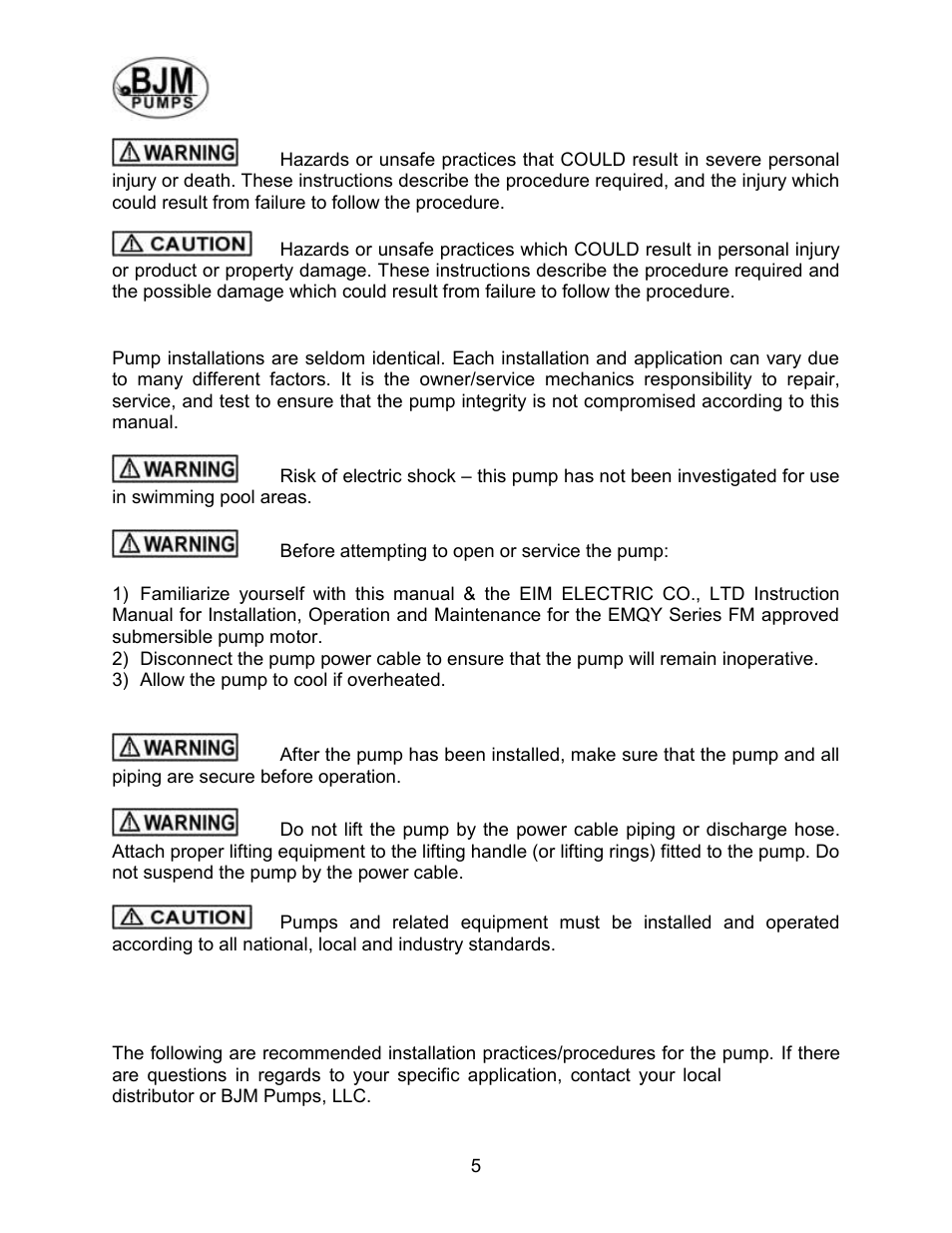 Safety, Inspection | BJM Pumps XP-SKX150CSS User Manual | Page 5 / 42