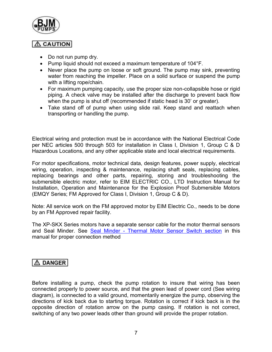 Wiring instructions, Pump rotation | BJM Pumps XP-SKX150CSS User Manual | Page 7 / 42