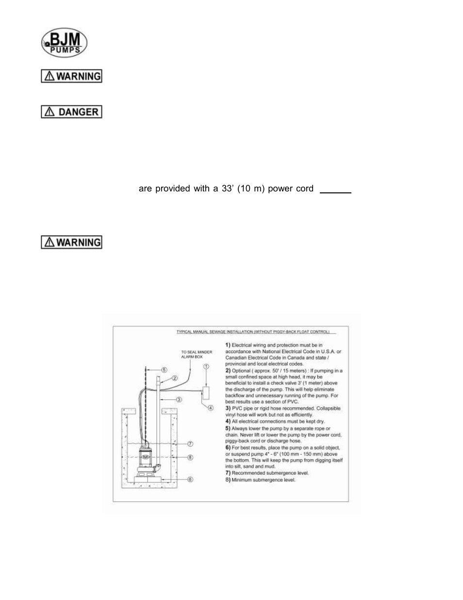 Typical manual wastewater installation | BJM Pumps SX75CSSF-575T User Manual | Page 9 / 32
