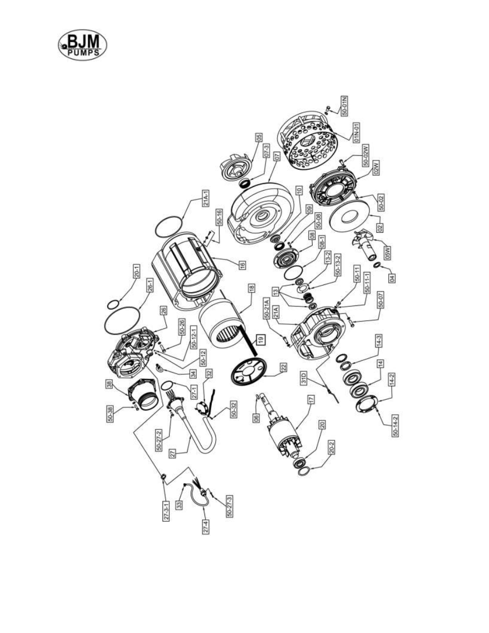 Exploded view of kzn220-f, 220r-f, 220l-f, 220lr-f | BJM Pumps KZN(R)-F SERIES HEAVY DUTY AGITATOR TOP DISCHARGE Electric Submersible Pumps User Manual | Page 17 / 33