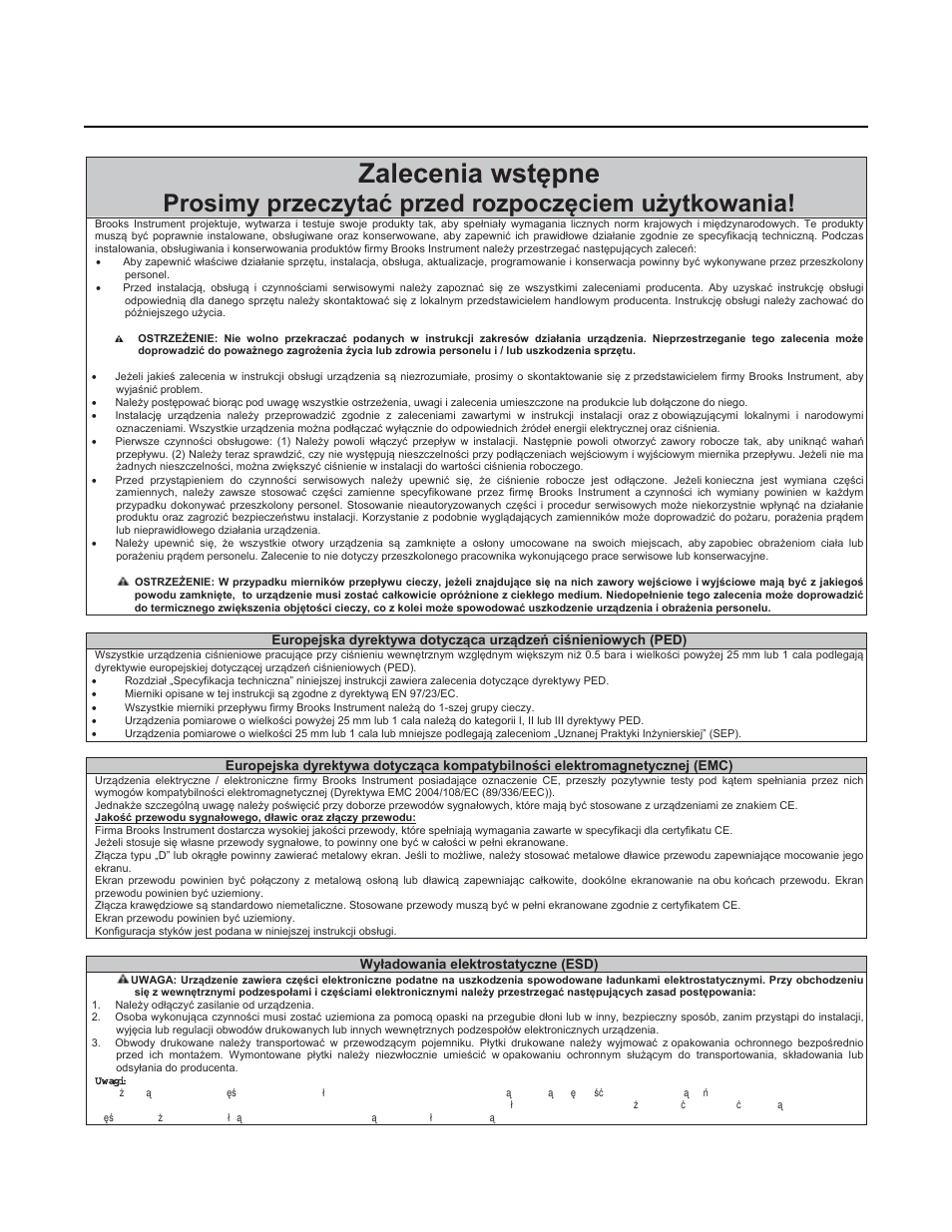 Zalecenia wstċpne, Prosimy przeczytaü przed rozpoczċciem uīytkowania, Installation and operation manual | Brooks Instrument SLA5810/20 User Manual | Page 42 / 50