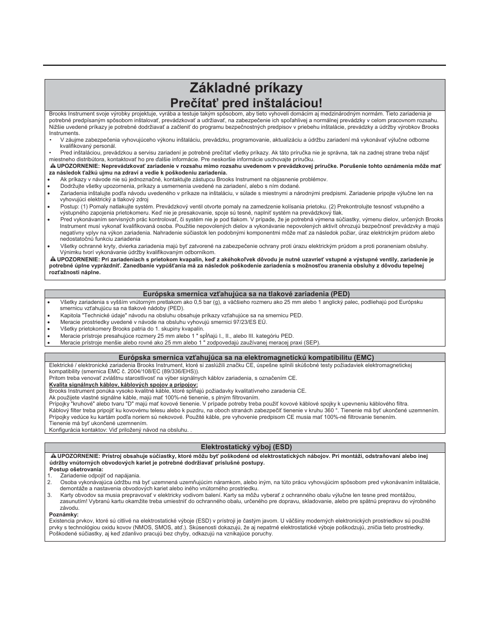 Základné príkazy, Preþítaģ pred inštaláciou, Installation and operation manual | Brooks Instrument SLA5810/20 User Manual | Page 45 / 50