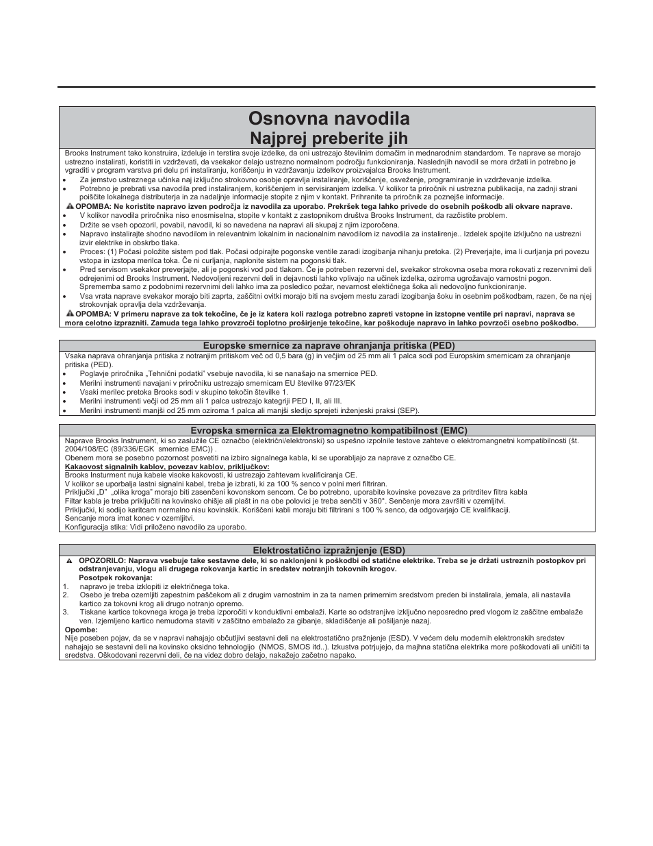 Osnovna navodila, Najprej preberite jih, Installation and operation manual | Brooks Instrument SLA5810/20 User Manual | Page 46 / 50