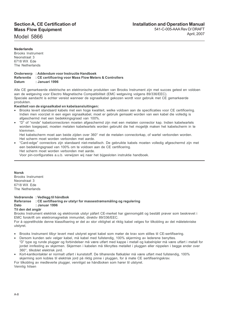 Model 5866, Installation and operation manual | Brooks Instrument 5866M User Manual | Page 57 / 65