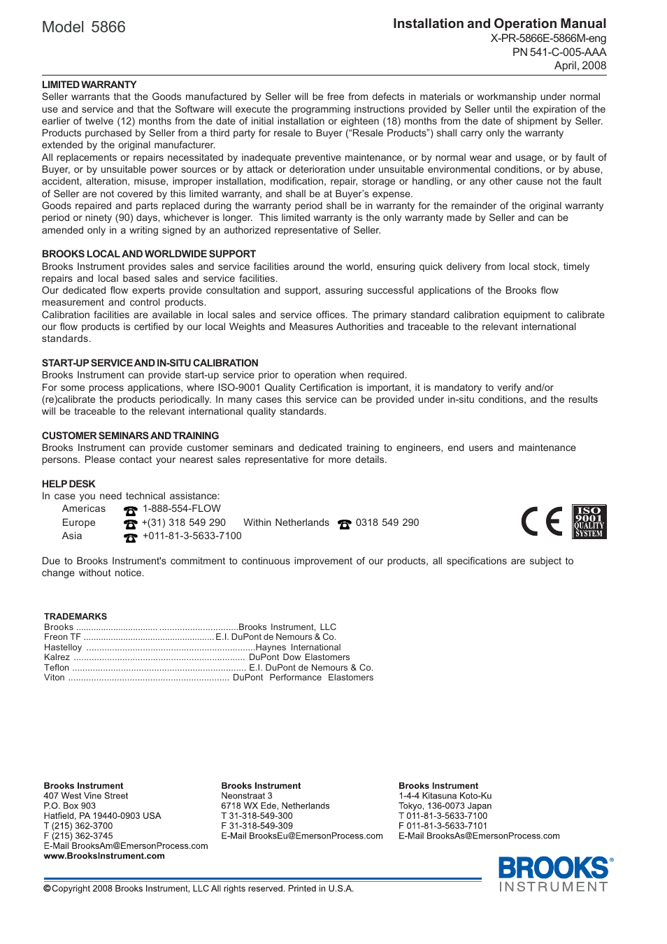 Model 5866, Installation and operation manual | Brooks Instrument 5866M User Manual | Page 65 / 65