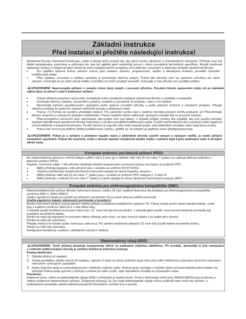 Základní instrukce, Pĝed instalací si pĝeþtčte následující instrukce, Brooks | Digital mfc's and mfm's | Brooks Instrument SLA5800 Series User Manual | Page 56 / 76