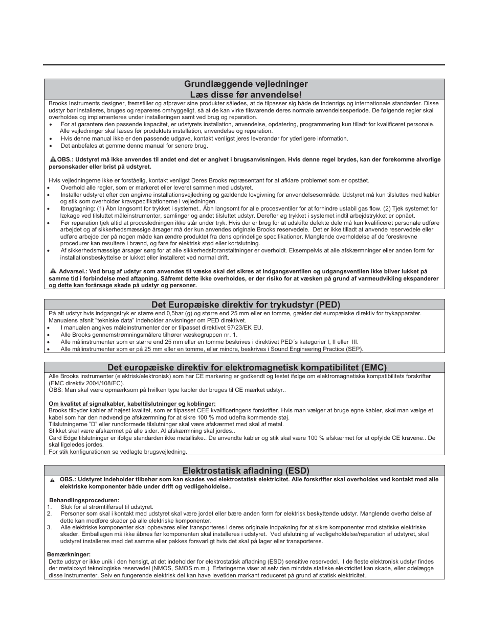 Brooks, Grundlæggende vejledninger, Læs disse før anvendelse | Det europæiske direktiv for trykudstyr (ped), Elektrostatisk afladning (esd) | Brooks Instrument GF81 User Manual | Page 59 / 78