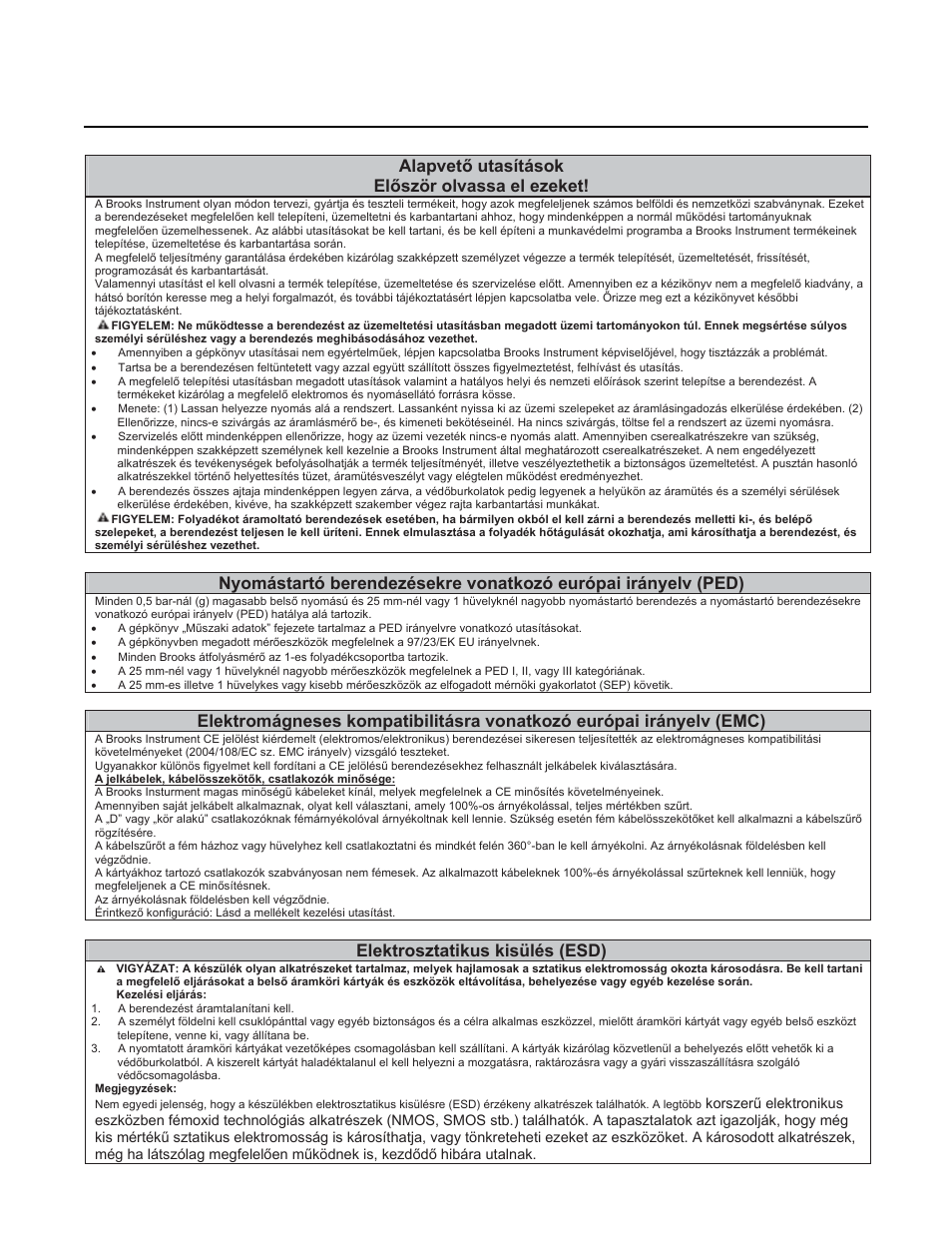 Brooks, Alapvetę utasítások, Elęször olvassa el ezeket | Elektrosztatikus kisülés (esd) | Brooks Instrument GF81 User Manual | Page 66 / 78