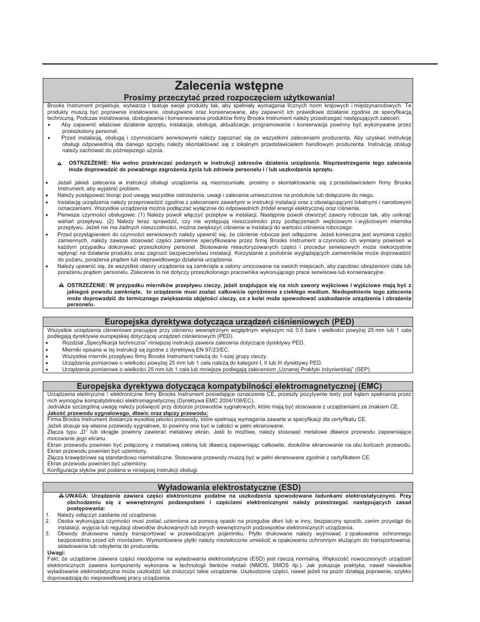 Zalecenia wstċpne, Brooks, Prosimy przeczytaü przed rozpoczċciem uīytkowania | Wyáadowania elektrostatyczne (esd) | Brooks Instrument GF81 User Manual | Page 70 / 78