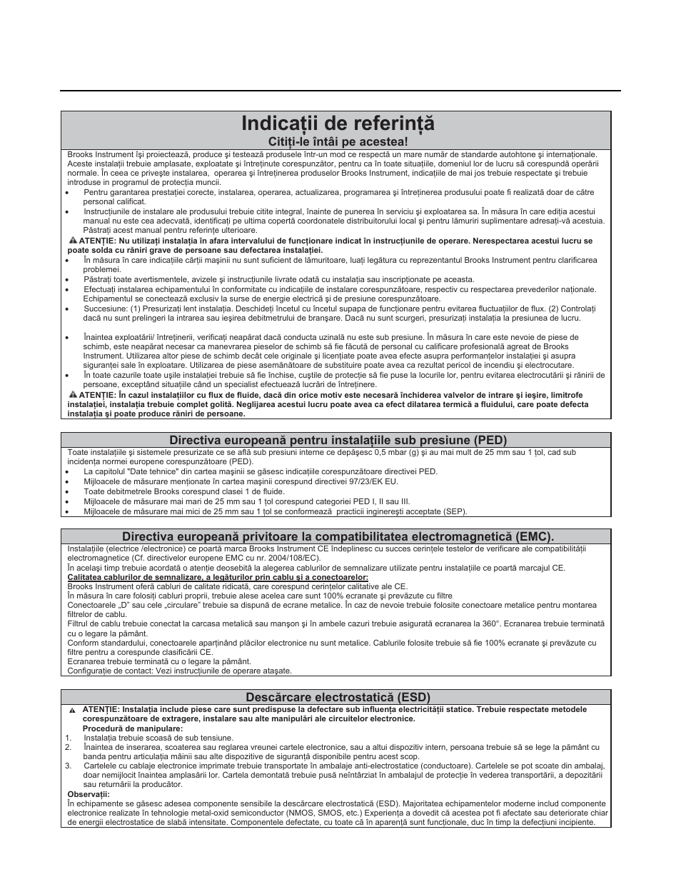 Indicaġii de referinġă, Brooks, Citiġi-le întâi pe acestea | Descărcare electrostatică (esd) | Brooks Instrument GF81 User Manual | Page 72 / 78