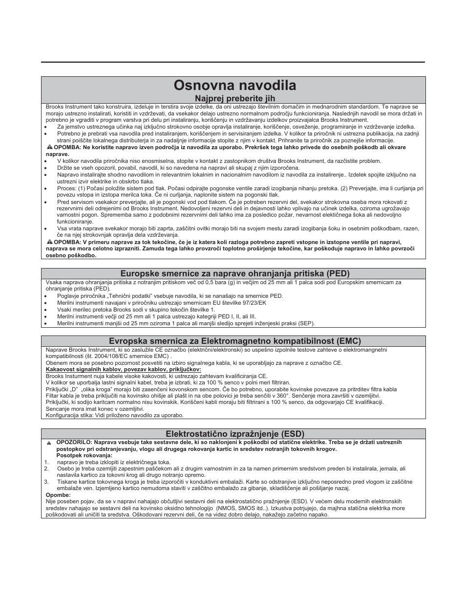 Osnovna navodila, Brooks, Najprej preberite jih | Elektrostatiþno izpražnjenje (esd) | Brooks Instrument GF81 User Manual | Page 74 / 78