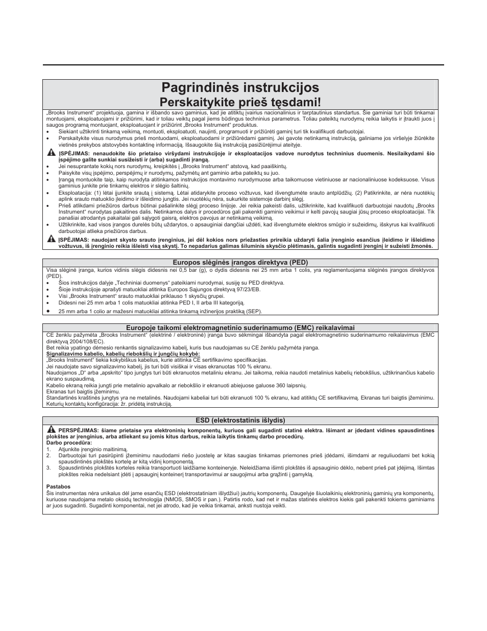 Pagrindinơs instrukcijos, Perskaitykite prieš tċsdami, Brooks | Digital mfc's and mfm's | Brooks Instrument SLAMf Series User Manual | Page 67 / 76